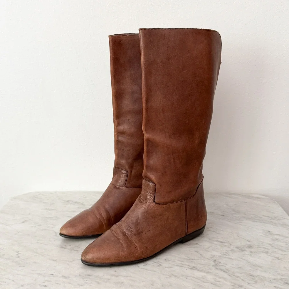 MIA Knee High Riding Boots Vintage Leather Flat Pointed Toe 8.5B Brown Brazil